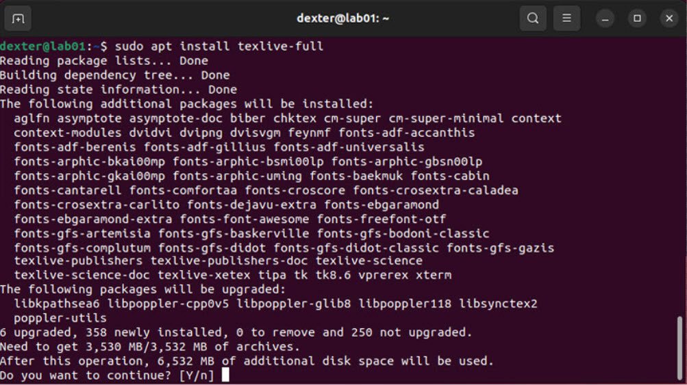 run command ubuntu terminal apt install texlive-full