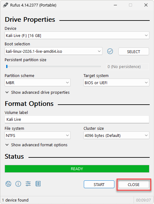 Rufus showing READY after writing the Kali Linux bootable USB