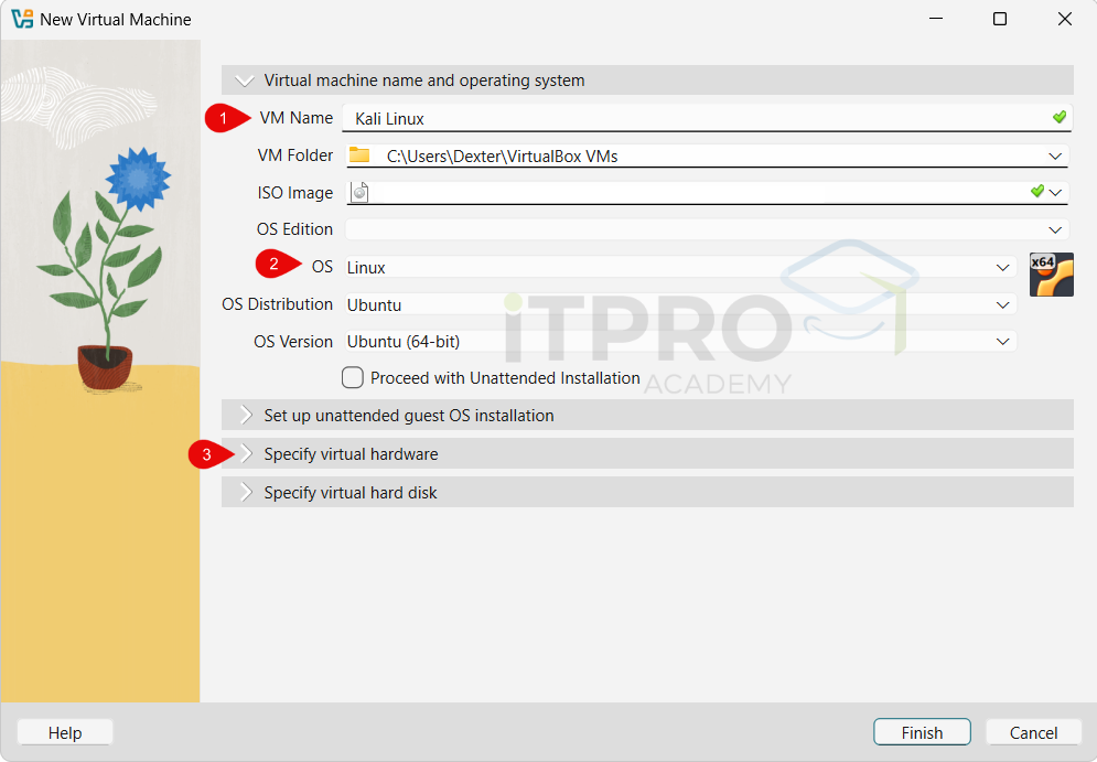Creating a new VirtualBox virtual machine set to Linux, Debian 64-bit for Kali Linux