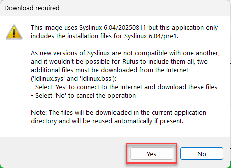 Rufus Syslinux download prompt during Kali Linux bootable USB creation