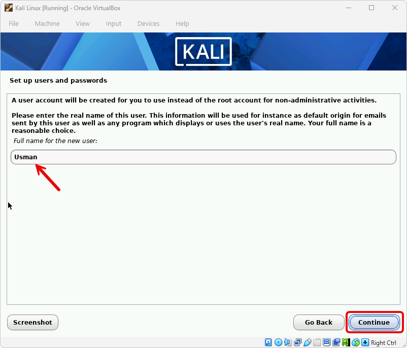 Creating the user account and full name in the Kali Linux installer