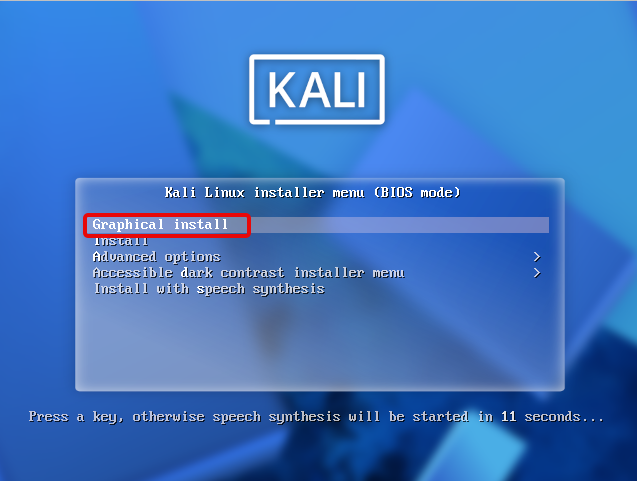 Kali Linux boot menu with Graphical Install selected