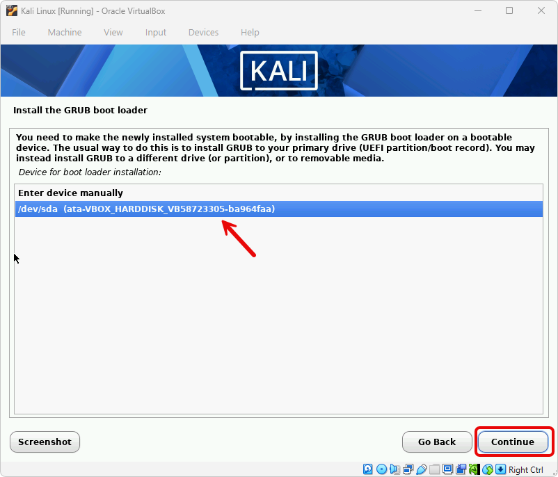 Installing the GRUB bootloader to /dev/sda during Kali Linux setup