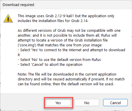 Rufus Grub bootloader download prompt for Kali Linux ISO
