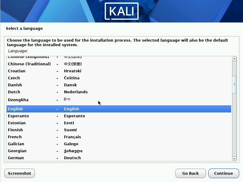 Selecting language, location, and keyboard layout in the Kali Linux installer