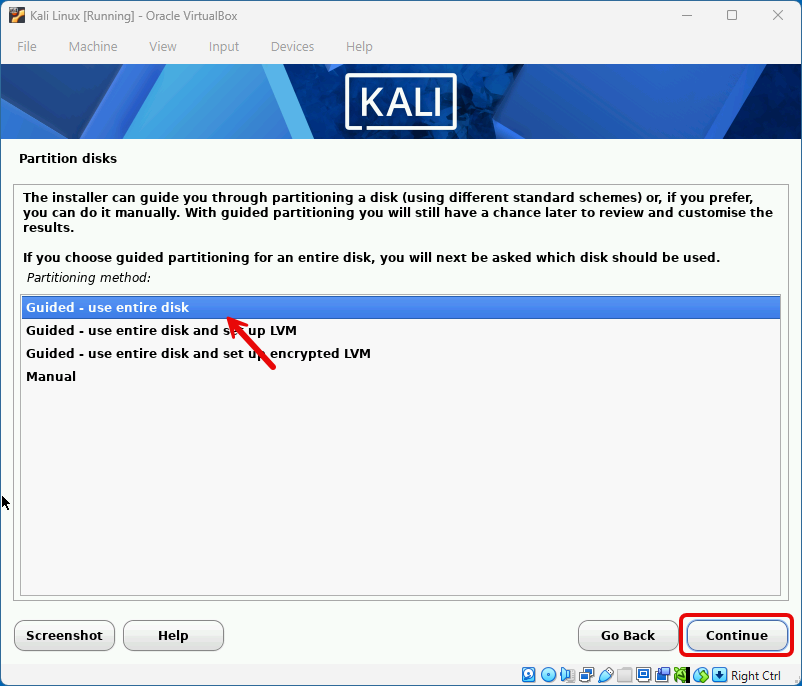 Guided partitioning using the entire virtual disk in the Kali Linux installer