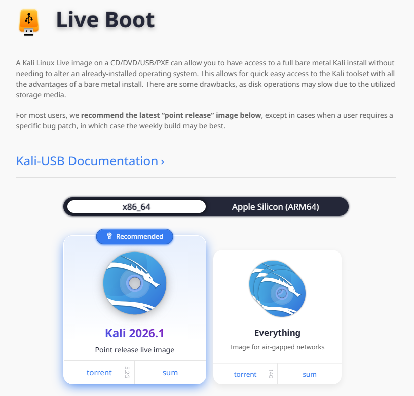 Downloading the Kali Linux Live image from the official kali.org get-kali page