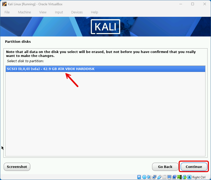 Selecting the target disk to partition for the Kali Linux install