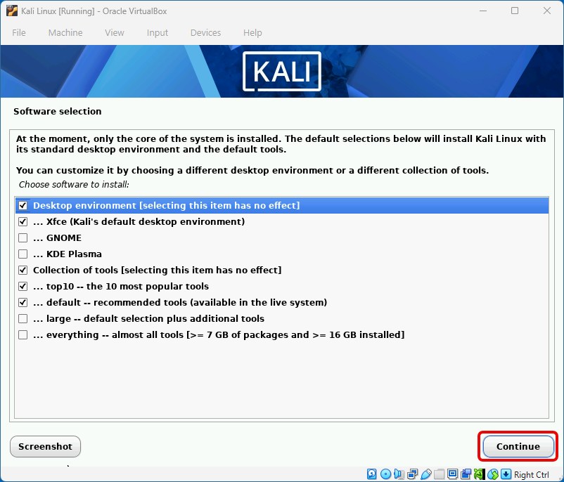 Choosing the Xfce desktop environment and default tools for Kali Linux