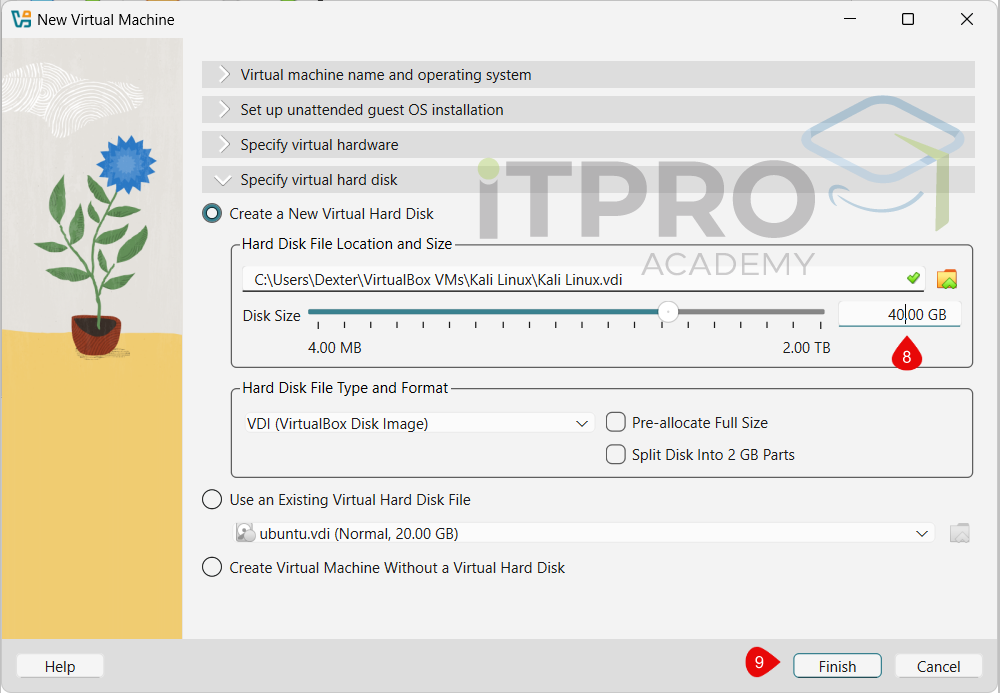 Creating a 40 GB dynamically allocated VDI virtual hard disk for Kali Linux