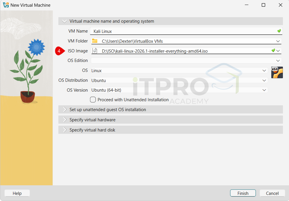 Attaching the Kali Linux ISO to the VirtualBox virtual optical drive