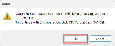 Rufus warning that all data on the USB drive will be destroyed