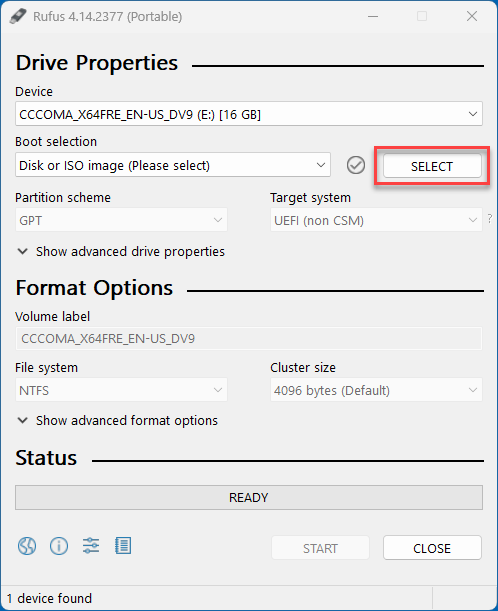 Selecting the Kali Live ISO file in Rufus
