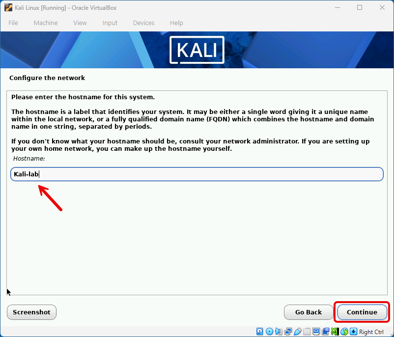 Setting the hostname during Kali Linux installation