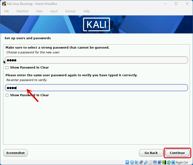Setting a strong user password during Kali Linux installation