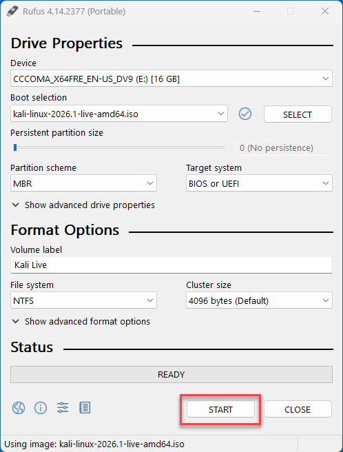 Clicking Start in Rufus to write the Kali Linux bootable USB