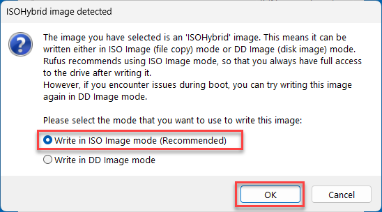 Rufus ISOHybrid image detected - Write in ISO Image mode for Kali Linux